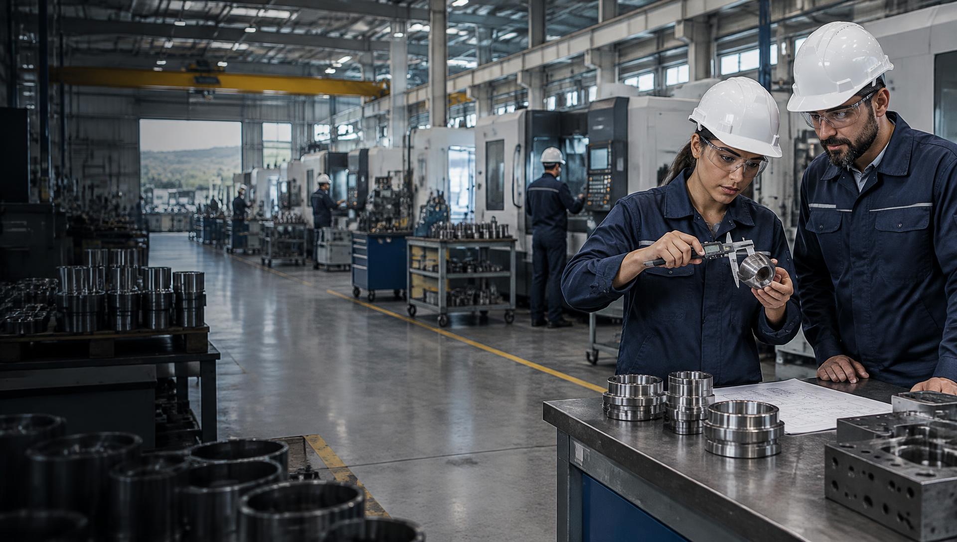 Engenheiros de qualidade inspecionando um componente metálico em ambiente fabril